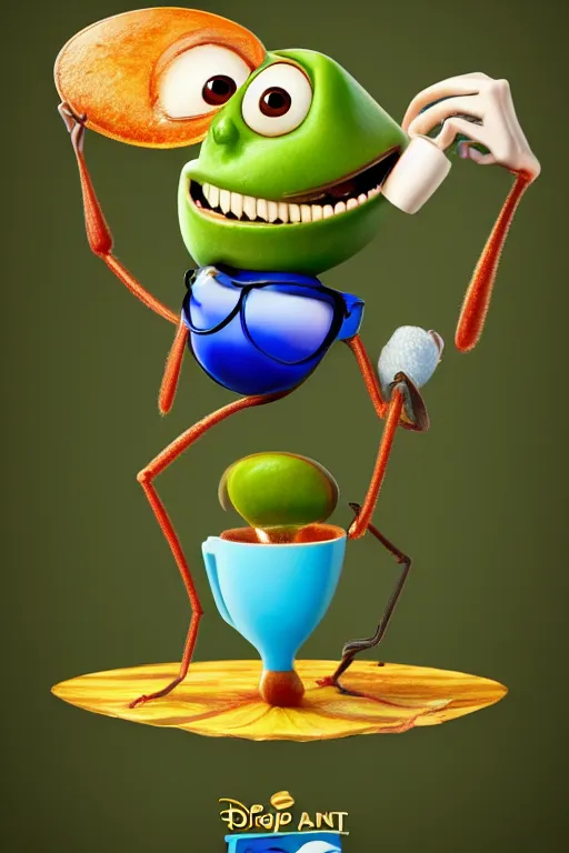 Image similar to a funny ant character with big eyes holding a cup of coffee on top of a leaf at a sunny morning. pixar disney 4 k 3 d render movie oscar winning trending on artstation and behance. ratatouille style.