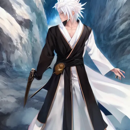 Prompt: white haired parted down the middle, wearing white hakama anime man with black sclera, full body portrait made by Stanley Artgerm, WLOP, Rossdraws, James Jean Andrei Riabovitchev, Marc Simonetti, Yoshitaka Amano, Artstation