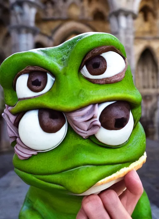 Image similar to closeup portrait of a medieval pepe the frog eating cakes in the cloisters, depth of field, zeiss lens, detailed, symmetrical, centered, fashion photoshoot, by Annie Leibovitz and Steve McCurry, David Lazar, Jimmy Nelsson, Breathtaking, 8k resolution, extremely detailed, beautiful, establishing shot, artistic, hyperrealistic, beautiful face, octane render