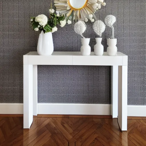 Prompt: white console table, brown legs, feels the beat, stock beauty, ball, pinata