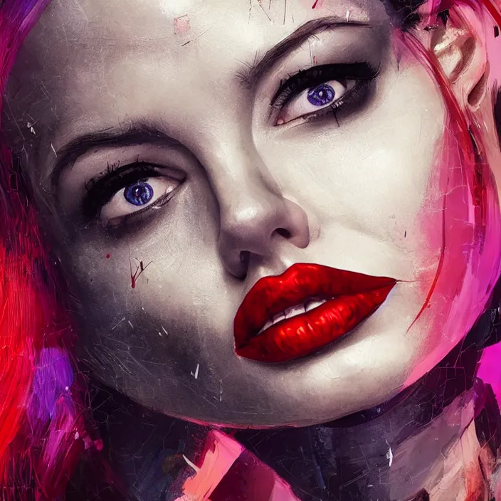 Prompt: portrait of Angelina Jolie as a harley quinn. intricate abstract. intricate artwork. by Tooth Wu, wlop, beeple, dan mumford. octane render, trending on artstation, greg rutkowski very coherent symmetrical artwork. cinematic, hyper realism, high detail, octane render, 8k, iridescent accents