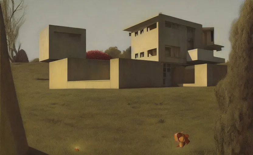 Prompt: An Exterior wide angle shot of a Brutalist architecture house, Edward Hopper and James Gilleard, Zdzislaw Beksinski, Mark Ryden, Wolfgang Lettl highly detailed, hints of Yayoi Kasuma