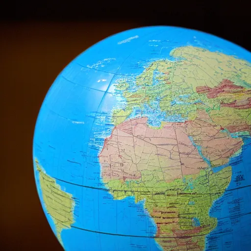 Prompt: close up high resolution photo of a globe on a table.