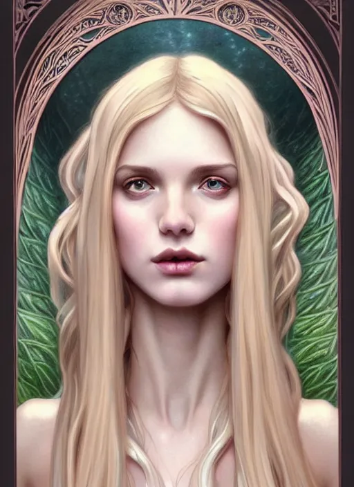Image similar to perfectly feminine face!! full body portrait of a gothic esoteric dryad blessed by nature with ever - increasing physical mental perfection, blonde, symmetrical! intricate, sensual features, highly detailed, biblical divine holy perfection!! digital painting, artstation, concept art, smooth, sharp focus, illustration, art by artgerm and greg rutkowski and alphonse mucha