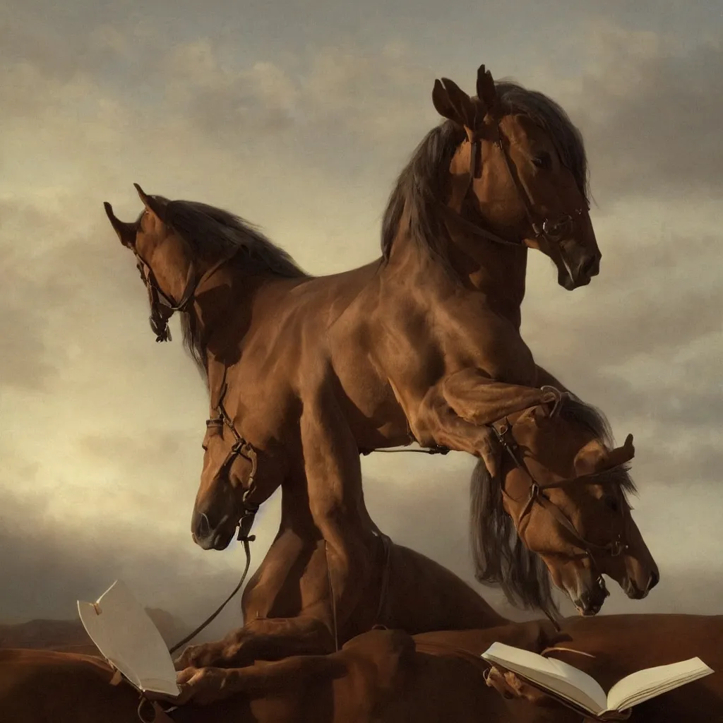 Prompt: a horse reading a book, cinematic lighting, evening sunlight, by roberto ferri and jeremy lipking, hyper detail, hyper realistic