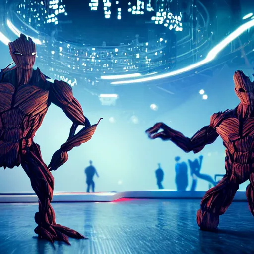 Image similar to groot and optimus prime dancing at techno party among people, wide shoot, octane render, ultra realistic