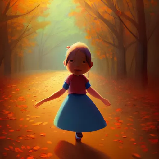 Prompt: goro fujita ilustration a beautiful little girl smiling, walking calmly through an autumn forest, characterized by samantha mash, character art, sharp focus, highly detailed, artstation