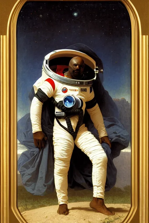 Image similar to portrait of lexington steele in astronaut shirt, by bouguereau