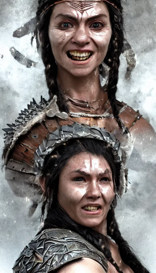 Image similar to sweated smiling beautiful ancient princess tribeswoman in fighting rage, partially destroyed armor inspired monster hunter, low shot camera, muscular, symmetrical face, clean face, subtle make up, debris and arrows flies around her, frozen time effect,dramatic lighting, cinematic, establishing shot, extremely high detail, photorealistic, 300 the movie,monster hunter the movie, dune the movie, cinematic lighting, artstation, octane render, western,old photo, vintage