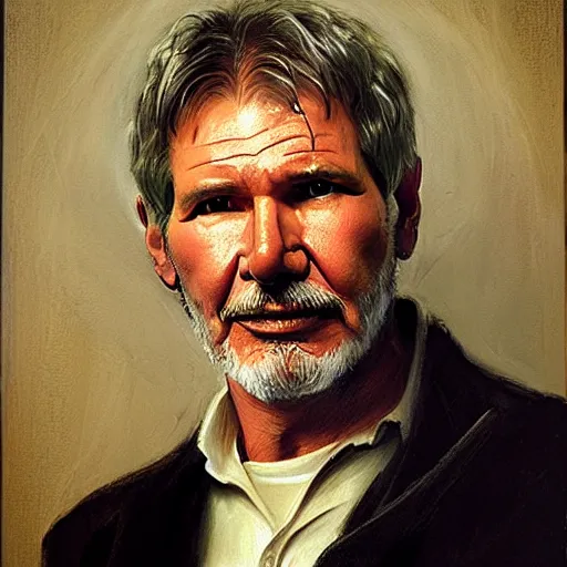 Prompt: a portrait painting of Harrison Ford by odd Nerdrum