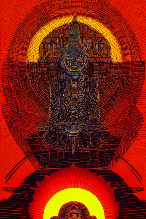 Prompt: a blazing geometric sun above a techno buddha, detailed, 4 k, warm colours, by beeple stanley donwood and philippe druillet,