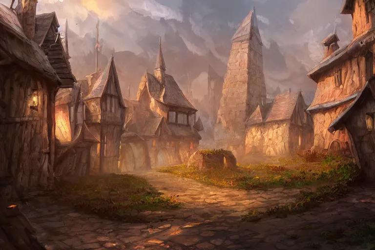 Prompt: A beautiful medieval settlement, iron ,iron, iron, fantasy, D&D, concept art, sharp focus, trending on artstation, digital painting, midday, sunny, beautiful