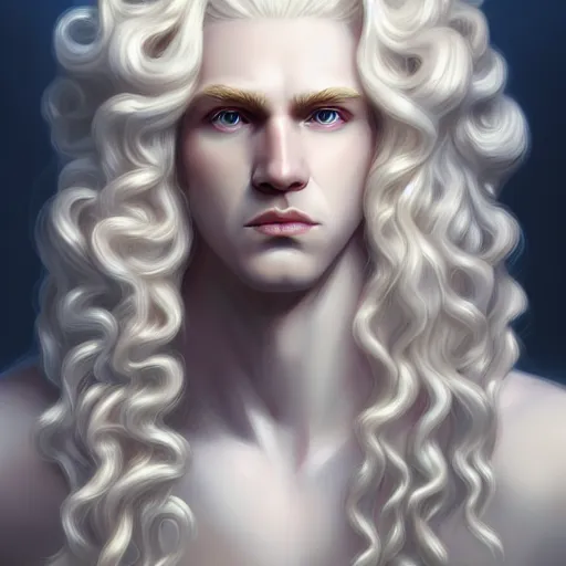 Prompt: Lucius the pale blond androgynous god of the sun, highly detailed, very very very long curly blond hair, extremely luscious curly blond hair, baroque curls, very very very pale white skin, digital painting, artstation, concept art, soft light, sharp focus, illustration