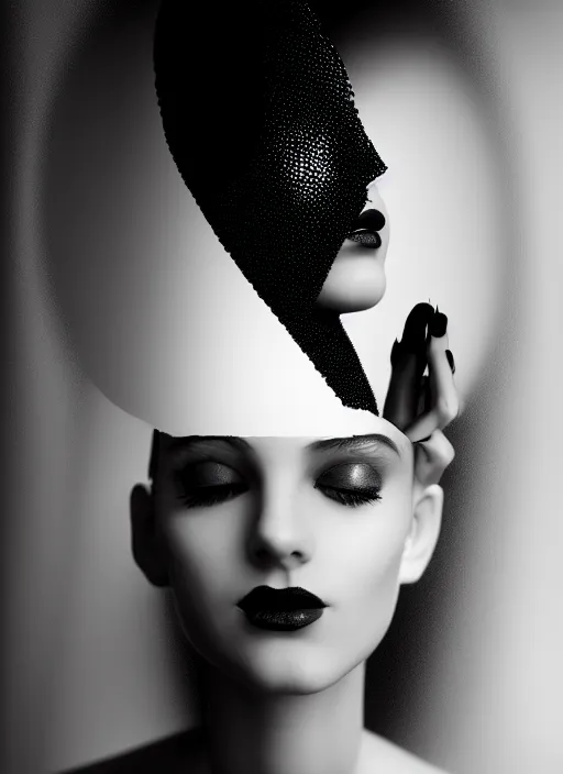 Image similar to surreal mythical dreamy dark artistic black and white fine art fashion portrait photo of a young beautiful delicate female metropolis robot kissing her mirror reflection, spiritual, halo, glory, rim light, cinematic, studio dramatic light, poetic, masterpiece, octane render, 8 k, photo - realistic by dora maar man ray