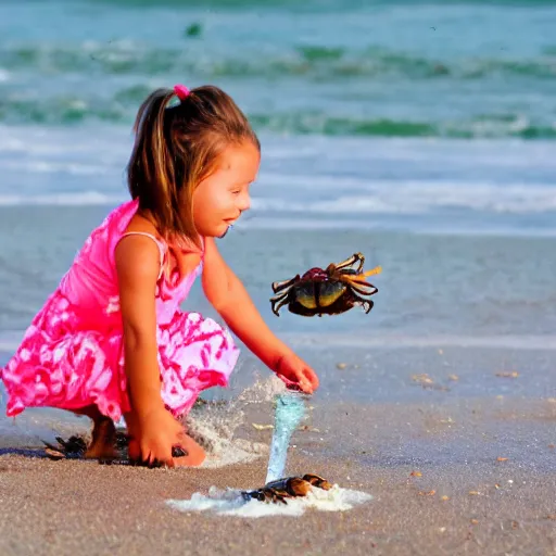 Prompt: of little girl raiding on crab on the beach.