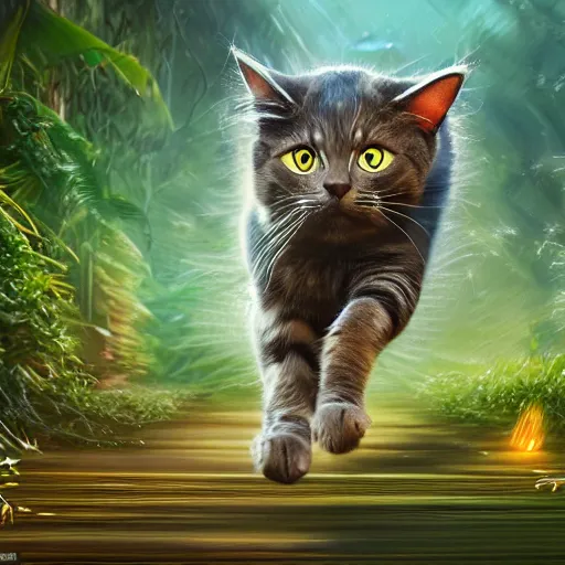Image similar to fantasy book cover artwork of a cat running through the jungle, ultradetailed, wallpaper, 4k, prismatic