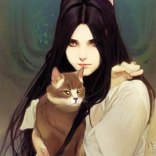 Image similar to emo girl and her cat, with long dark hair, thick eyebrows!!! deep dark big eyes and dark circles!, wide nose!!!, oval face shape, big cheeks!, by greg rutkowski and alphonse mucha, trending on pixiv