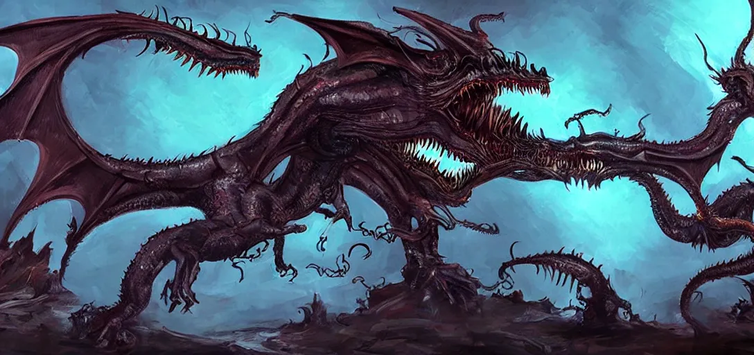 Image similar to concept art of dragon attack, lovecraftian, lots of teeth, melting horror, feathers, fighting the horrors of the unknown with laser guns