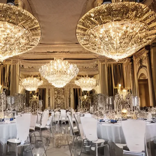 Image similar to photo, a giant monstrous creature made out of shiny glittering reflecting ornate elegant crystal stemware, inside a grand huge elegant ballroom