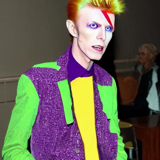 Prompt: a photo of blond david bowie in purple jacket and light-green shirt in style of Kira Yoshikage