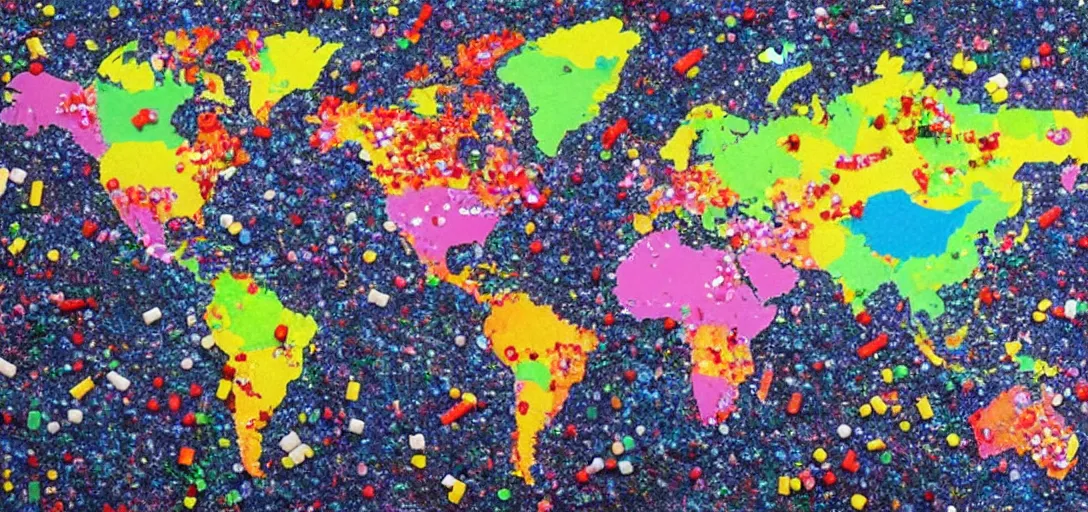 Image similar to world map made out of candy pieces