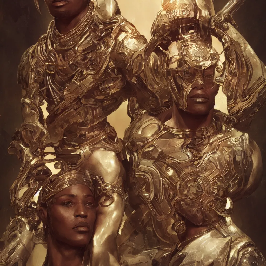 Prompt: Muscular Futuristic African god with short braids, portrait, symmetrical, head to shoulder, D&D, fantasy, intricate, elegant, highly detailed, digital painting, artstation, concept art, matte, sharp focus, illustration, art by Artgerm and Greg Rutkowski and Alphonse Mucha