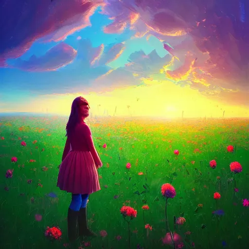 Image similar to girl with a flower face, surreal photography, dream, standing in flower field, magical, in a valley, sunrise dramatic light, impressionist painting, colorful clouds, artstation, simon stalenhag