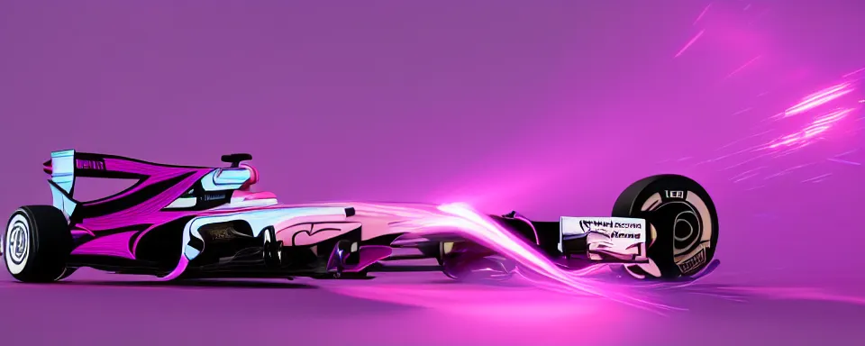 Prompt: formula one car, synthwave, purple and pink, motion blur, light streaks, octane render, depth of field