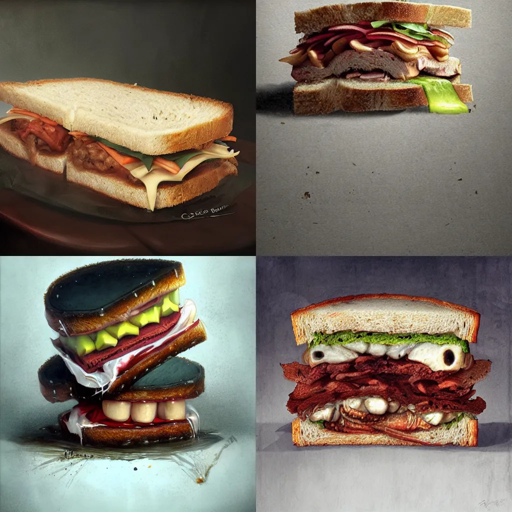 Prompt: a terrifying photo of a sandwich with teeth, by greg rutkowski