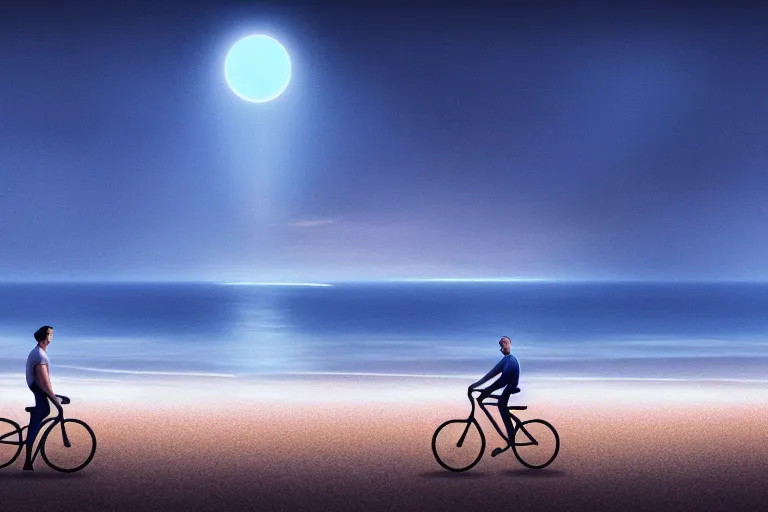 Image similar to photo of man riding a bicycle along the beach that is lit by glowing organisms underwater toward a lighthouse in the distance, wide horizon, large white clouds, intricate, elegant, highly detailed, digital painting, artstation, concept art, smooth, sharp focus, illustration, art by artgerm and greg rutkowski and fra angelico