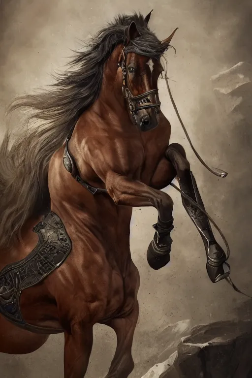 Image similar to 3 quarter view photography portrait of a prince stalion horse , organed, tatooed, intricate details, muscles, elegant, divine, illustrated by greg rutkowski and Akira Saito and Peter mohrbacher, 4k,