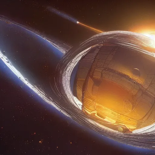 Image similar to dyson sphere in space, transparent rings, intricate abstract, unreal engine tech demo, golden hour, scifi, ( ( ( by robert mccall ) ) )