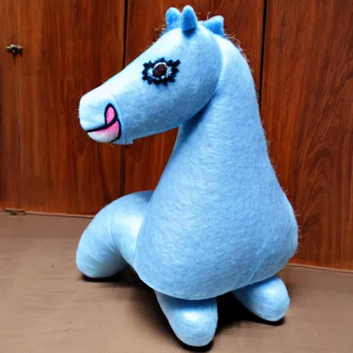 Image similar to a beautiful realistic felt plush horse in dusty blue with ornate detailed embroidery decoration