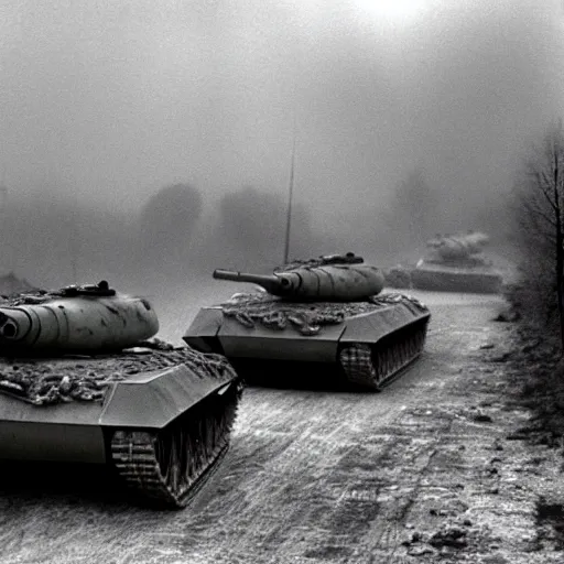 Image similar to flash photograph of russian tanks, accompany by soviet infantry squad, 1985, creepy, haunted, fog, atmospheric, vintage photo