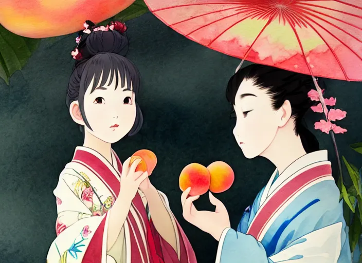 Image similar to water color painting of a girl wearing a kimono giving a peach to a large anthropomorphic asian black bear, featured in artstation, artgerm, octane render, award winning, cinematic, elegant, intricate, 8 k, close up, in the style of studio ghibli and heikala and alphonse mucha,