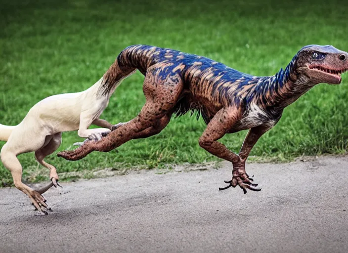 Prompt: photo of a dog and a velociraptor playing together