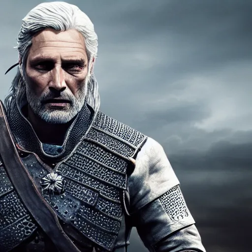 Image similar to mads mikkelsen as Gerald The witcher, concept art, high definition, professional photography, 8k