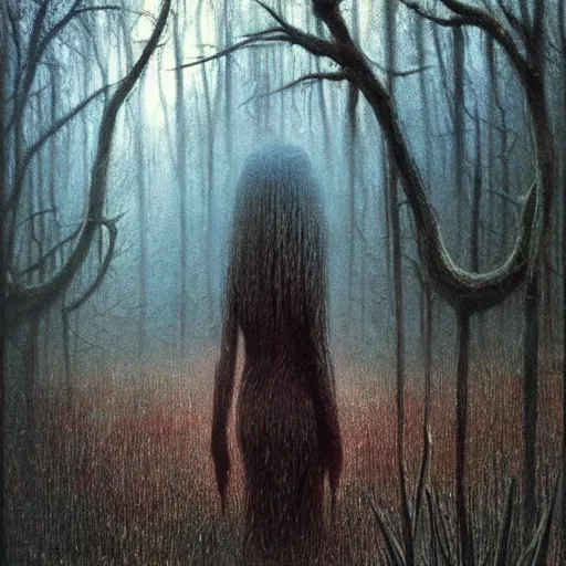 Image similar to forest spirit walking in swamp, highly detailed beksinski monster art