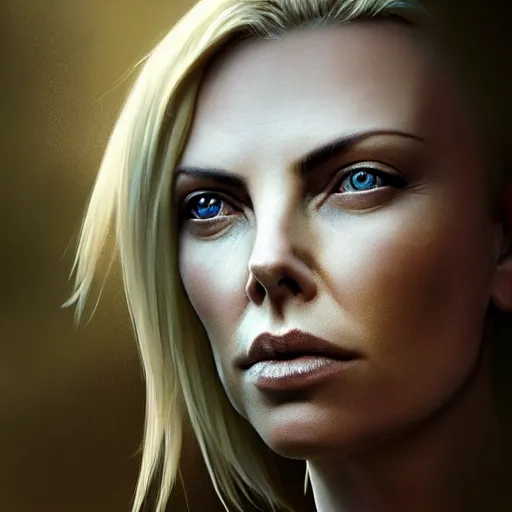 Image similar to nature photography of cherlize theron face fused with a heron fish ( ( charlize theron fish hybrid with charlize theron face ) ), charlize theron sentient fish face, by greg rutkowski