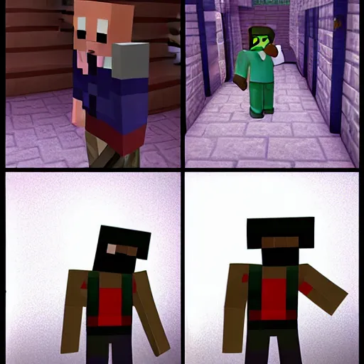 Image similar to Steve from Minecraft with glowing eyes standing in a very dark alley, staring at the camera, motionless. Award winning, high resolution, realistic