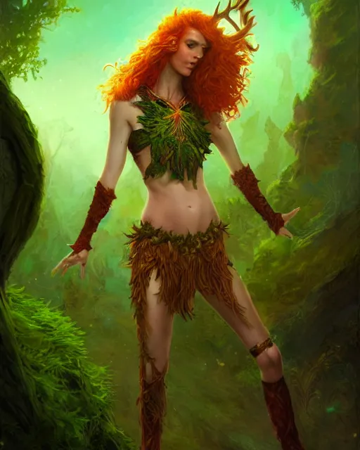 Prompt: keyleth, female druid, perfect face, thin antlers, green halter top, ginger hair, abs, cinematic, freckles, stunning, athletic, strong, agile, highly detailed, psychedelic, digital painting, artstation, smooth, hard focus, illustration, art by jessica rossier and and brian froud