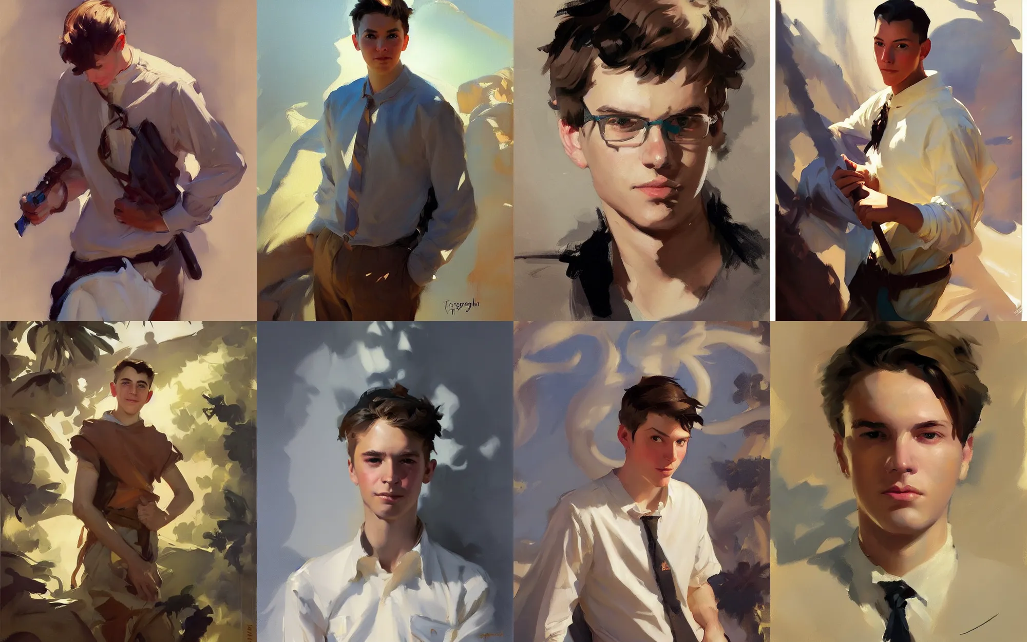 Image similar to portrait of teenage traveler greg manchess painting by by sargent and leyendecker, d & d, fantasy, medium shot, asymmetrical, intricate, elegant, matte painting, illustration, hearthstone, by greg rutkowski, by greg tocchini, by james gilleard, by joe fenton