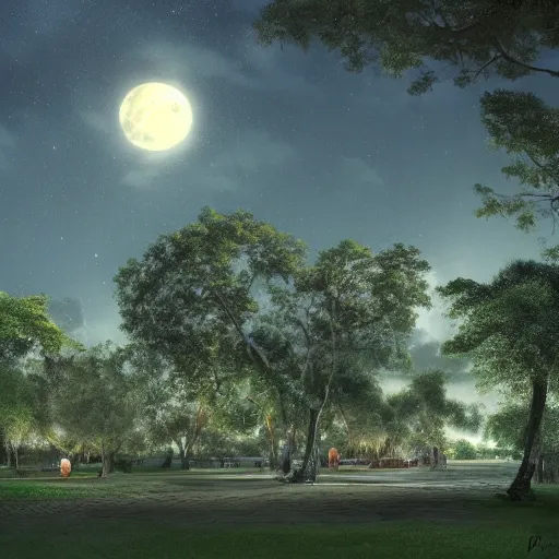 Image similar to matte painting of a park in yucatan mexico at night with a full moon, large ceiba trees, by asher brown durand and greg rutkowski, featured on artstation, blue and orange color scheme