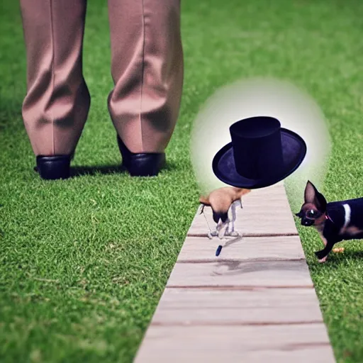 Prompt: a Chihuahua with a top hat walking a person on a tightrope