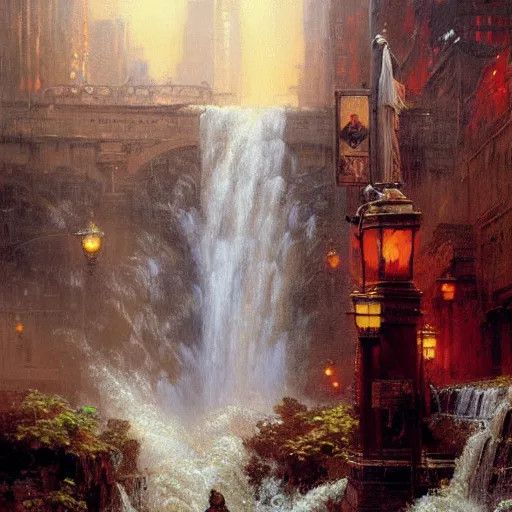 Image similar to waterfall flooding the city of new york. highly detailed painting by gaston bussiere, craig mullins, j. c. leyendecker