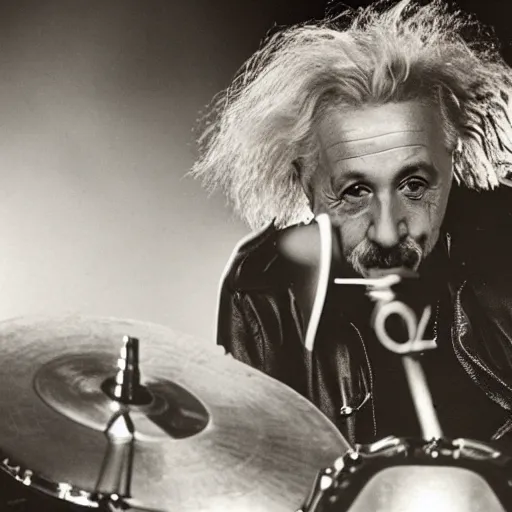 Prompt: einstein playing drums for metallica, studio photo, high detail, uhd, 8k,