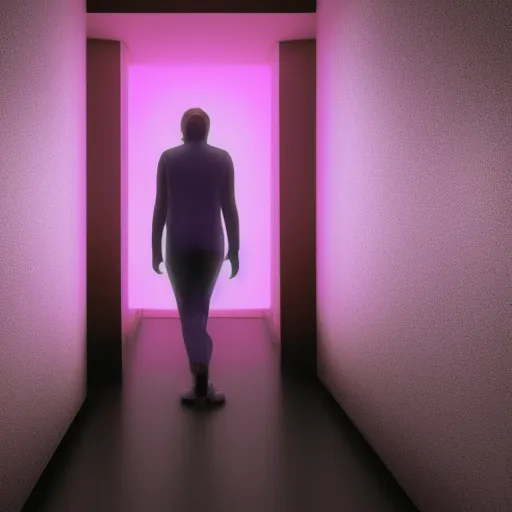 Image similar to a person standing in a dark hallway with a purple light, a 3D render by George Lucas, featured on polycount, cubo-futurism, volumetric lighting, rendered in unreal engine, cinematic lighting