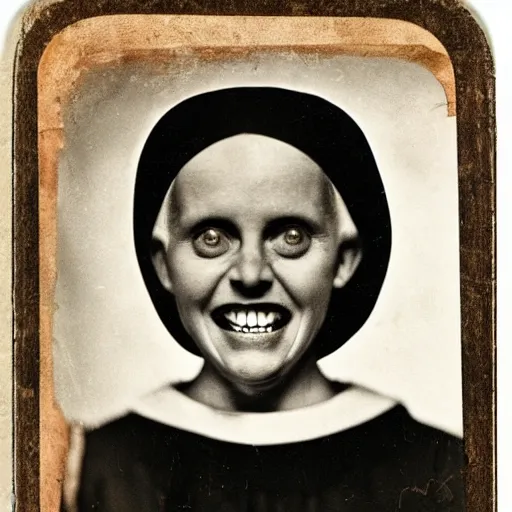 Prompt: antique photograph of an evil catholic nun, crazy eyes wide open, horror, staring at the camera, evil smile, sharp teeth, headshot, dark background, low exposure, cracked and faded, dark