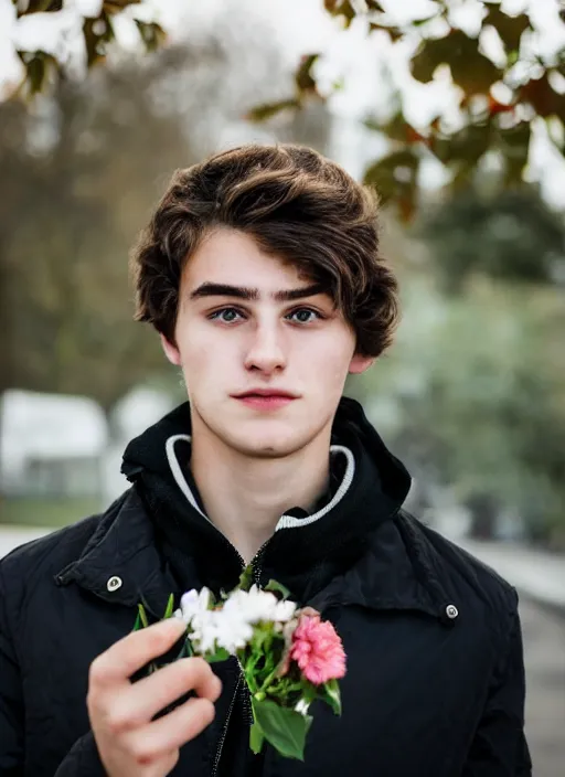Prompt: a personal close up portrait of a 2 1 year old man from switzerland, flowers in his hand, his hair is brown and short, his eyes are green, his face is symmetric and friendly, he's proud to be where he is in life, black jacket, ambient light, beautiful composition, magazine photography, full frame, 5 0 mm, f 1. 8