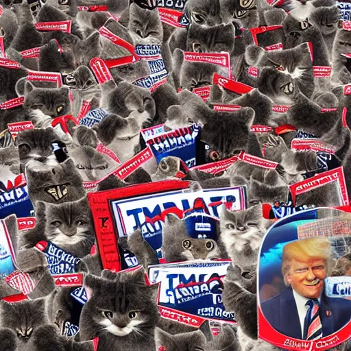 Prompt: thousands of little donald trumps run from cat